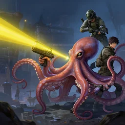 octopus with laser gun fights pubg soldier in pubg helmet, yellow laser beams, octopus art in fantastic spork dimension, key visual, ambient lighting, highly detailed, digital painting, artstation, concept art, sharp focus, by makoto shinkai and akihiko yoshida and hidari and wlop and greg rutkowski