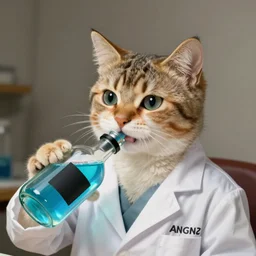 a cat dressed as a scientist drinks an iridescent blue liquid from a modern bottle, there is a black squared sticker on the bottle, art by studio ghibli and j. c. leyendecker and greg rutkowski and artgerm and aenaluck, portrait, d & d, fantasy, highly detailed, digital painting, headshot, trending on artstation, concept art, sharp focus