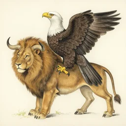a creature with the body and eyes of a man, with the beak of an eagle, the mane of a lion, and the horns of an ox. drawn by moebius