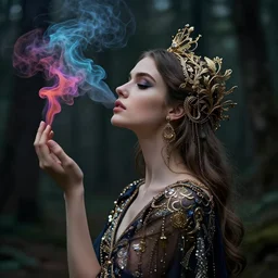 photo of eternal peace, a gorgeous  young  girl , searching for eternity, dark forest  in the style of stefan kostic, realistic, sharp focus, 8k high definition, high fashion, vogue, insanely detailed, soft light, colorful smoke, intricate, elegant, art by stanley lau and artgerm, sigma 85mm art