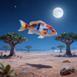 koi fish swimming in the sky over moonlit socotra island with dragon trees, starry night, sharp focus, wide shot, trending on artstation, masterpiece, by greg rutkowski, by ross tran, by fenghua zhong, octane, soft render, ultrarealistic, colorful, cinematic, shadow of the tomb rider