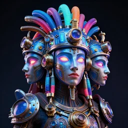 awardwinning photo of a steampunk avatar with 3 faces, wearing a glowing blue and silver metallic aztec futurism helmet with multicolored tubes and shiny metallic devices, 3 d render, crisp, 8 k, fluorescent colors, insanely integrate, nikon photography