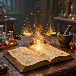 hyper real, table, magic book, wizards laboratory, tony sart, mortar, pestle, scales, energy flowing, ancient brown map, beakers of colored liquid