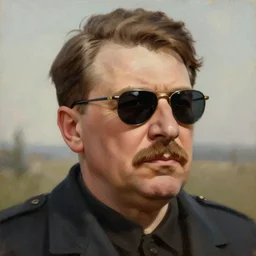 high detail portrait oil painting illustration of Joseph Stalin in sunglasses, scenic background, muted colours, artstation, high quality, sombre mood, natural light
