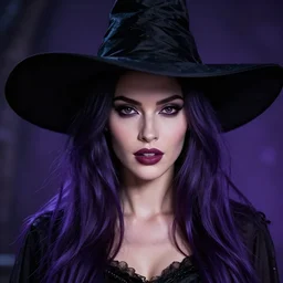 an insanely detailed portrait of a beautiful witch that looks like megan fox with long dark purple hair, wearing black witch hat, in the style of peter mohrbacher, artgerm, dramatic lighting and composition, octane render, trending on artstation, concept art 8 k