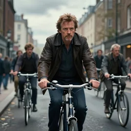 cinematic shot epic portrait peter capaldi riding a bicycle in the streets, atmospheric, cloudy, broad light, ambient occlusion, volumetric light effect, made by ivan aivazovsky, peter mohrbacher, greg rutkowski, ross tran, matte painting, trending on artstation, 4 k, perfectly defined features, digital painting, cinematic, epic, highly detailed,