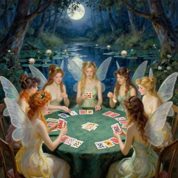 a group of gracious fairies playing cards on a table in an atmospheric moonlit forest next to a beautiful pond filled with water lilies, artwork by ida rentoul outhwaite. the fairies have wings!!!! and play blackjack!!!!.