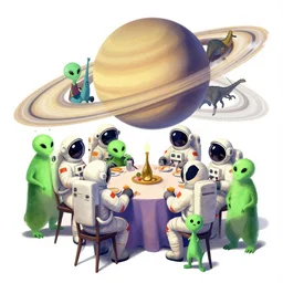 Astronauts are having a party with green aliens and some dinosaurs on Saturn's ring, by Jordan Grimmer, digital art, trending on Artstation,