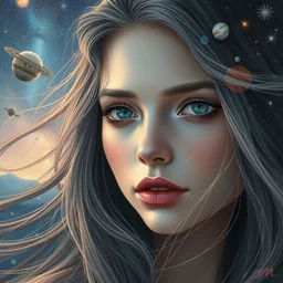 beautiful, haunting young woman, detailed gorgeous face, flowing hair, vaporwave aesthetic, synthwave, space and planets in her hair along her face, shooting stars, milkyway, psychedelic, digital painting, artstation, concept art, smooth, sharp focus, illustration, art by artgerm and greg rutkowski and alphonse mucha