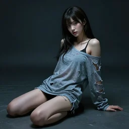 a beautiful girl posing on the floor, wearing a long torn shirt, cyberpunk, dramatic lighting, high detail, concept art, artstation, by Paolo Eleuteri Serpieri