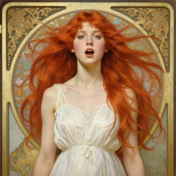 intricate art nouveau portrait oil painting of redheaded young molly ringwald with long red hair blowing in the wind, mouth open, wearing a thin white dress, in front of a carved screen, elegant, digital painting, smooth, sharp focus, illustration, ultra realistic, 8 k, by bouguereau, alphonse mucha, artgerm, and donato giancola