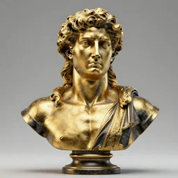 stylized gold and black ornate statue bust made of marble of hercules, perfect symmetrical body, perfect symmetrical face, hyper realistic, hyper detailed, by johannen voss, by michelangelo, octane render, blender, 8 k