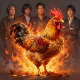 concept art of chicken on fire, highly detailed painting by dustin nguyen, akihiko yoshida, greg tocchini, greg rutkowski, cliff chiang, 4 k resolution, trending on artstation, 8 k