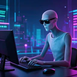 slenderman typing on computer with sunglasses, synthwave background, exploitable image