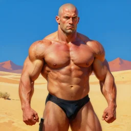 male bald bodybuilder biker, madmax desert background, digital painting, vivid colors, postminimalism, detailed, highly detailed, smooth, sharp focus, illustration by ruan jia and mandy jurgens and william - adolphe bouguereau, artgerm