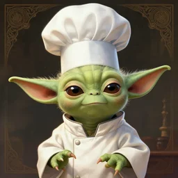 portrait of cute young yoda as a chef cook with a toque, intricate, elegant, highly detailed, digital painting, artstation, concept art, smooth, sharp focus, illustration, art by artgerm and greg rutkowski and alphonse mucha, 8 k