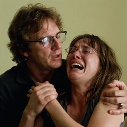 todd solondz stars in the antichrist by lars von trier, glasses, scared, screaming and crying, violent, by lars von trier, film, cinemaic, dramatic,