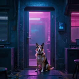 A cyberpunk shed with a dog sitting by the door