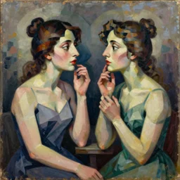 a painting of a woman and a woman gossiping, a cubist painting by elizabeth murray, behance, cubo - futurism, cubism, oil on canvas, airbrush art