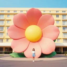 giant flower head, girl standing, 1 9 6 0 hotel, surreal photography, symmetry, mid century, flat perspective, bright colours, wes anderson