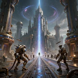 visually stunning, cinematic, ultra realistic, hyper realism, 1 2 k, epic, octane render, unreal engine, vfx, maya, galactic highway : aether spout, gathering at the gallows at the courtyard of a robust dieselpunk futuristic fantasy castle : dieselpunk creature, by nadezda and david stoupakis