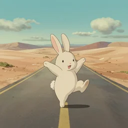 a study of cell shaded cartoon of a rabbit dancing on a desert road, full body, wide shot, very muted colors, post grunge, studio ghibli, laurie greasley, highly detailed, deviantart, art by artgem