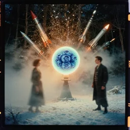 kodak portra 4 0 0, wetplate, muted colours, neon sphere, blueberry, 1 9 3 0 s style, motion blur, portrait photo of a backdrop, explosions, rockets, bombs, sparkling, forest, snow, fog, by georges melies and by britt marling