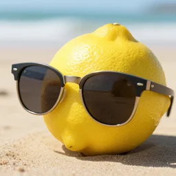 a closeup shot of a lemon wearing sunglasses at the beach, photorealism, 8k