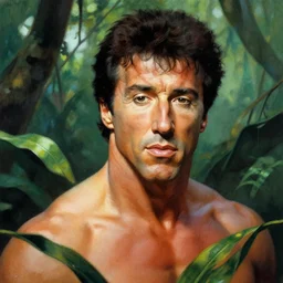 color portrait of sylvester stallone in the jungle by frank frazetta, likeness ! asthetic ! detail !  identity preserved