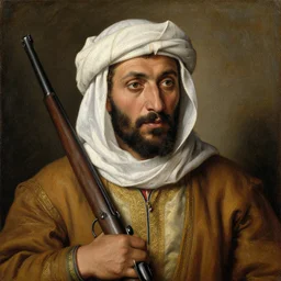 portrait of bedouin man with rifle, oil painting by jan van eyck, northern renaissance art, oil on canvas, wet - on - wet technique, realistic, expressive emotions, intricate textures, illusionistic detail,