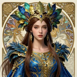 a beautiful girl celtic queen in intricate detailed color blue and gold costume, 3 d render, hyper realistic detailed portrait, big flocking color leaves, ornate leaves headpiece, elegant, intense colors, ruan jia, moebius, fantasy, hyper detailed, octane render, concept art, by peter mohrbacher, by alphonse mucha, henri rousseau, detailled, ink pen