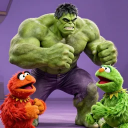 photo of the hulk punching muppets that are attacking him