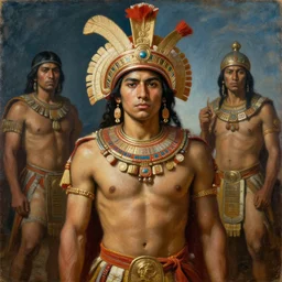 portrait of a handsome young aztec warrior in tenochtitlan. art by manuel sanjulian and tom bagshaw and franz xaver kosler, oil on canvas, ethnographic beauty, magic realism