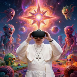 pope francis using vr headset in a trippy psychedelic landscape with radiant colorful cosmic horrors around him and a giant star forge is producing planet leveling weapon