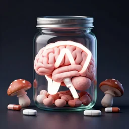 awesome logo on jar of a brain and mushroom and pills with dark techno. in the style of spirited away, hyperrealism, art by satoshi kon, lush detail, award winning, trending on artstation