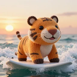 a closeup photorealistic photograph of a cute smiling knitted tiger hippopotamus riding a large wave at sunset. surf in background. professional capture. brightly lit scene. this 4 k hd image is trending on artstation, featured on behance, well - rendered, extra crisp, features intricate detail, epic composition and the style of unreal engine.