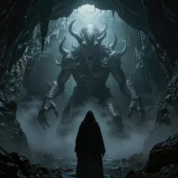 cthulhu!, cthulhu in a dim and flooded cave, a cloaked figure's silhouette in foreground, low hanging fog, by hp lovecraft, by greg rutkowski, by andree wallin, by zdzislaw beksinski, thalassophobia, very detailed, octane render, cinematic lighting, volumetric lighting, 8 5 mm