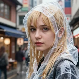 Kodak Portra 400, 8K, highly detailed, wachowski seinen manga 3/4 extreme closeup portrait, clear eyes, focus on clear transparent raincoat blonde model, tilt shift zaha hadid style anime background: famous blade runner anime remake, tokyo izakaya scene