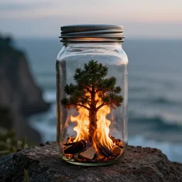 glass jar with a tree inside on fire, standing on a cliff, bokeh, ocean in the background, metal lid, dramatic lighting, hyperrealistic, highly detailed, sharp focus