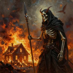a cloaked skeleton demon holding a spear watching a house on fire, firestorm, highly detailed digital art, cinematic, hyper realism, oil on canvas, trending on Artstation, octane render