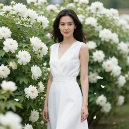 a woman dressed in white, standing in a white rose garden, peony petals in the breeze, vivid lighting, professional photography