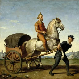 A humanoid horse riding a wagon pulled by a human, renaissance oil painting by Salvador Dali
