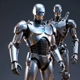 “ robocop marvel superhero in new avengers movie, fighting terminator t - 8 0 0 robot, futuristic, end of days, octane render, 3 d animated,, unreal engine 5, volumetric lighting, hdr, studio lighting, shiny chrome metal surface, 8 k ”