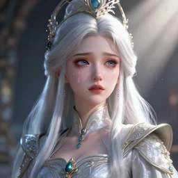 young royal princess with silver white hair, tears rolling down face, intricate silk clothing, fantasy, headpiece, digital 2 d illustration, 4 k, highly detailed, octane renderer, artstation trending, cinematic lighting, reflections, god rays, particles, micro detail, style of dropdeadcoheed, vurdem, wlop, tom bagshaw