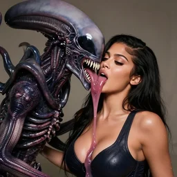 kylie jenner being lickjed menacingly by an xenomorph, highly detailed, photorealistic, hyper realistic, slime, saliva, smooth