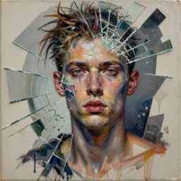 male celestial languid extasy detailed mixed media collage with canvas texture in style of contemporary art, punk art, realistic beautiful face, photorealism, expressionism, masterpiece, perfect composition, spectacular quality, intricate oil details, shattered glass