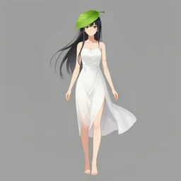 a girl in a white dress with a green leaf on her head, concept art by muqi, featured on pixiv, mingei, official art, full body, anime aesthetic