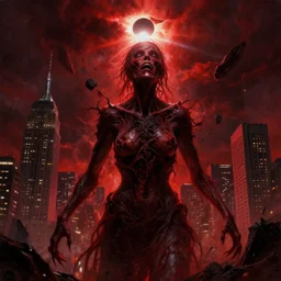 poster style, a beautiful and terrifying painting with high details of bodyhorror red alert storm that destroys dark souls like new york city with eclipse, movie atmosphere, movie lights, 8 k, light effect, rtx on, trending on artstation, by kilian eng, lee madgwick, bastien lecouffe - deharme
