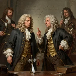 isaac newton and leibniz fighting over calculus, detailed, centered, digital painting, artstation, concept art, donato giancola, joseph christian leyendecker, wlop, boris vallejo, breathtaking, 8 k resolution, extremely detailed, beautiful, establishing shot, artistic, hyperrealistic, octane render, cinematic lighting, dramatic lighting,
