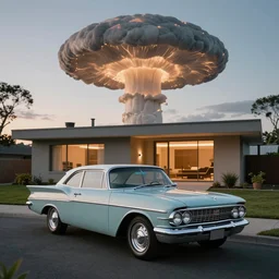 1960s car in front of a modern 1960s house with a mushroom cloud in the background, dynamic lighting, ray tracing, hyper realistic, 8k